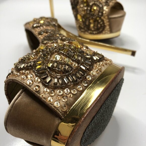 RARE ZiGiNY Black Label Romi Gold Jewel Gem Satin Sexy Peep-toe Pumps Stilettos - Picture 7 of 16